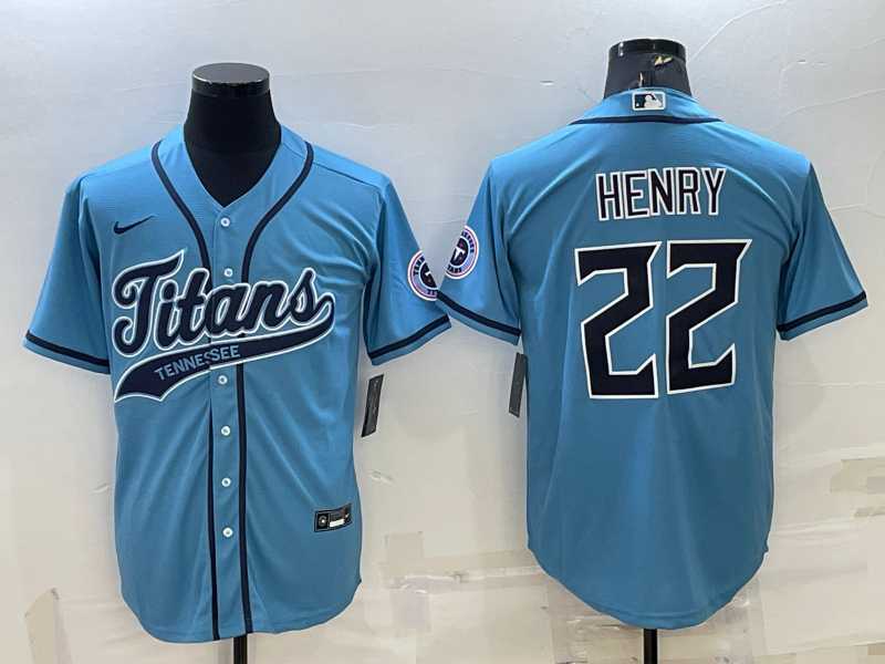 Mens Tennessee Titans #22 Derrick Henry Blue With Patch Cool Base Stitched Baseball Jersey